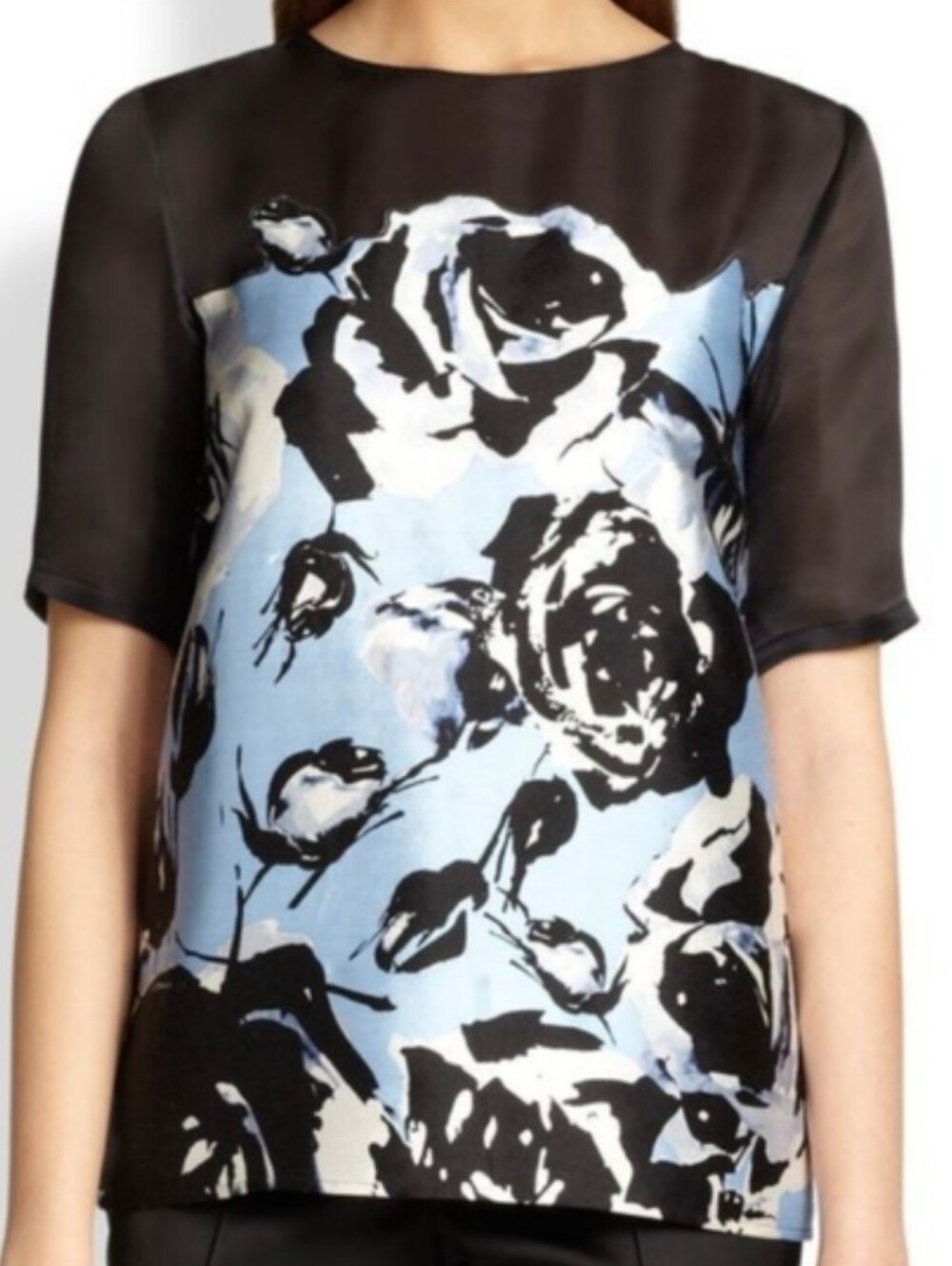St. John Silk Wool Short Sleeve Floral Sophsticated Blouse